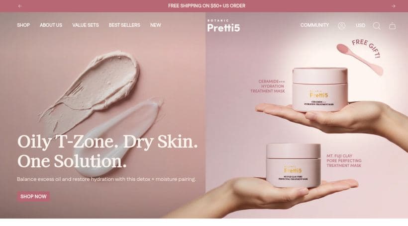 Pretti5 storefront, a client of Wave Commerce