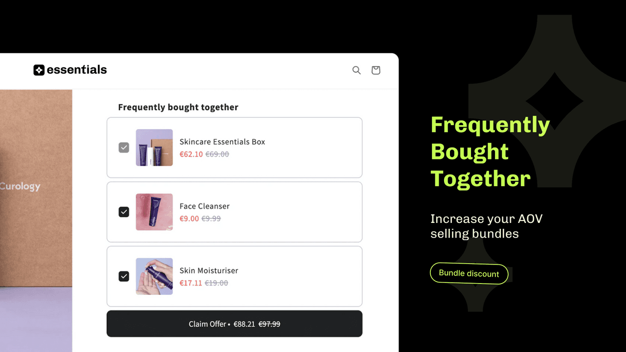 Essential Upsell and Cross Sell frequently bought together widget on a product page, with three products checked and a combined claim offer button.