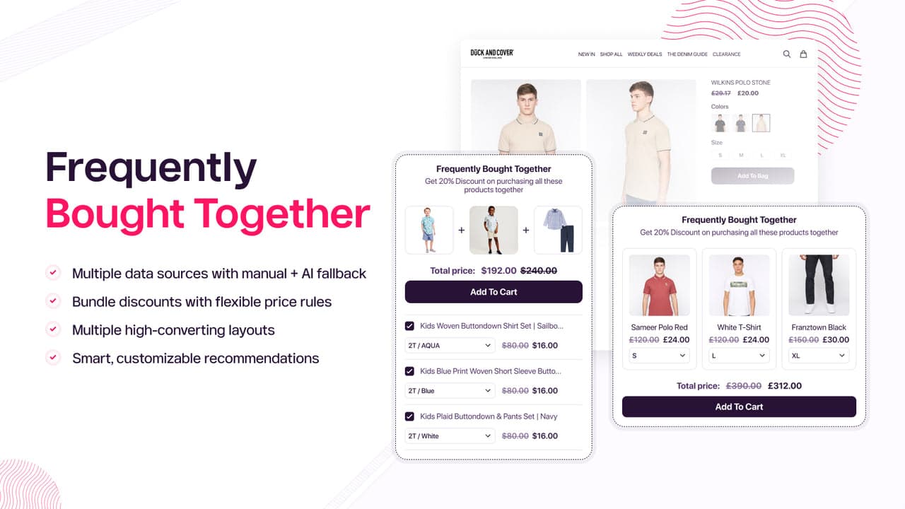 Wiser frequently bought together and personalized recommendations on a fashion product page, with a combined add to cart.