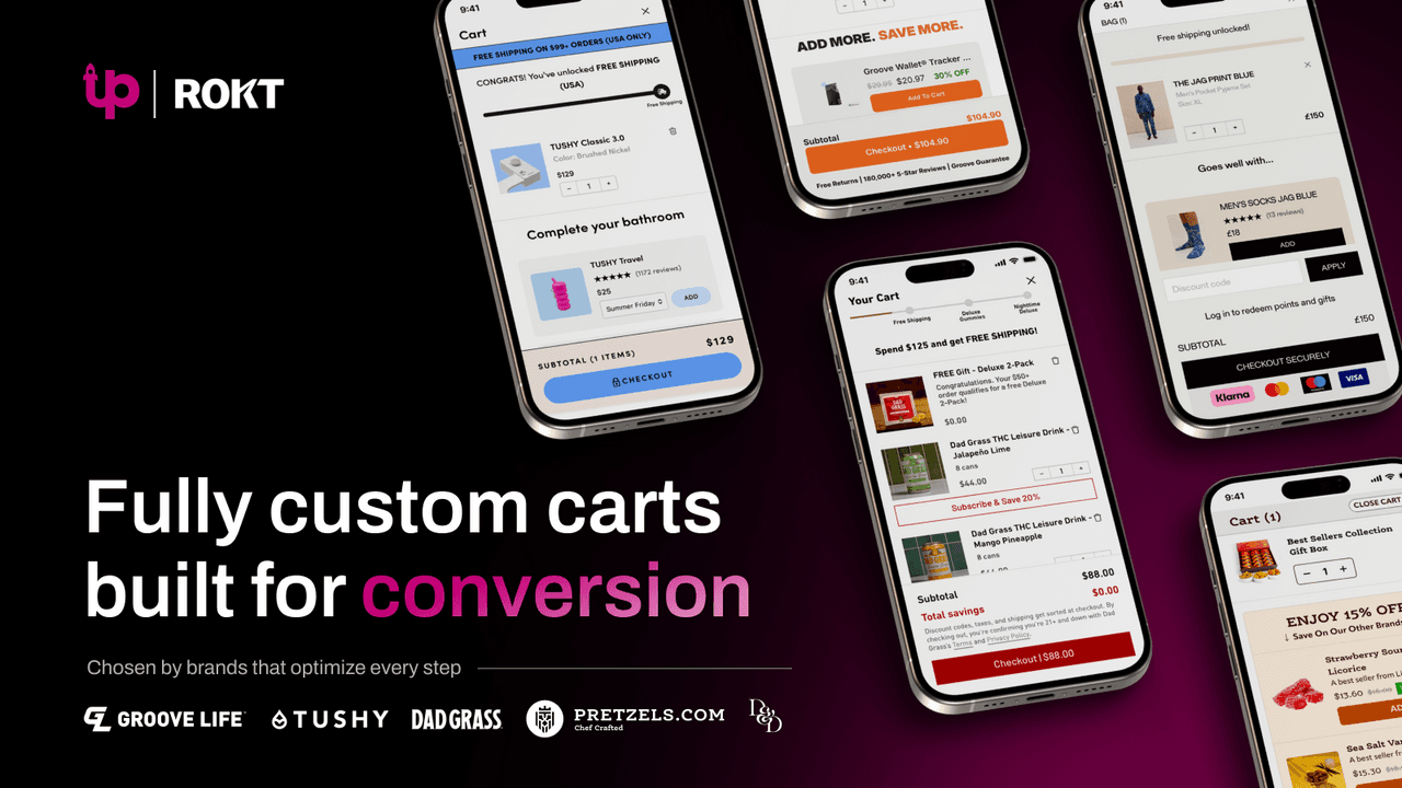 UpCart custom cart drawers on mobile with upsell blocks, a rewards progress bar and add-on toggles.