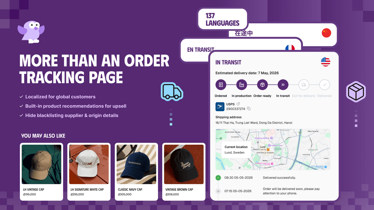 Synctrack showing tracking numbers synced to PayPal and a branded tracking page.