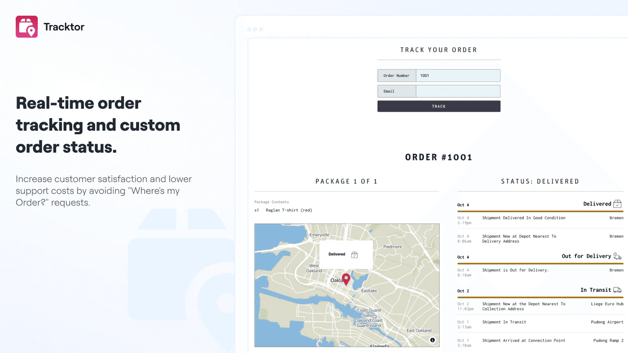 Tracktor by ShopPad showing an order tracking page.