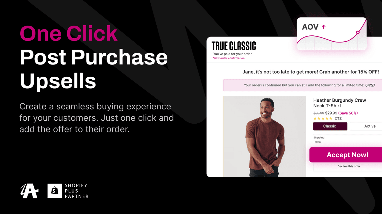 AfterSell one-click post-purchase upsell on a thank-you page, offering another product at a discount with an accept now button.