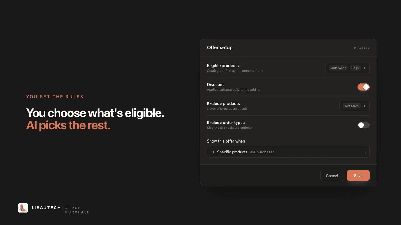 Libautech AI Post Purchase offer setup: you choose eligible products and discount, and the AI picks the post-purchase offer to show.