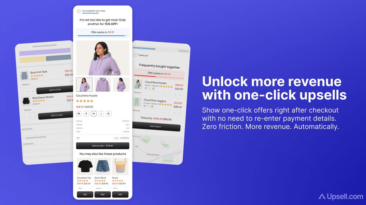 ReConvert one-click post-purchase upsell offers shown after checkout on mobile, with no need to re-enter payment details.