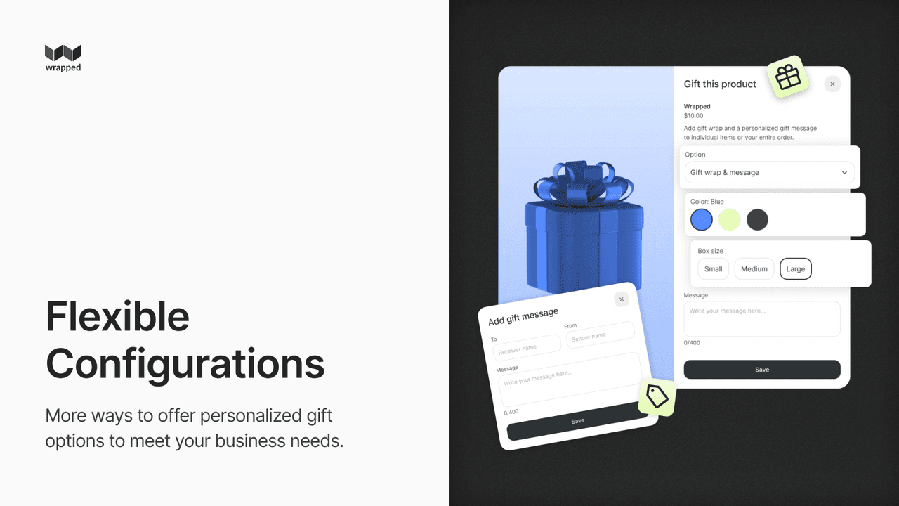 Wrapped modern gift wrap and message upsell that fits current themes.