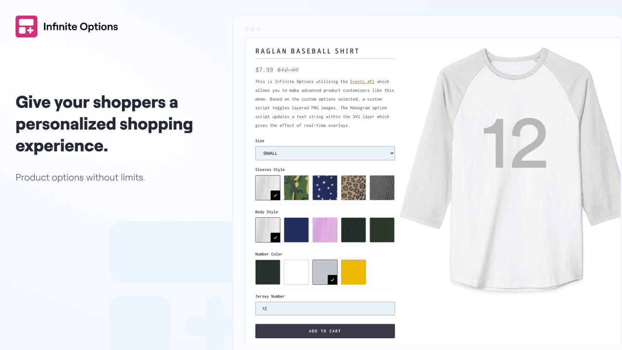 Infinite Options showing unlimited product options on a product page.