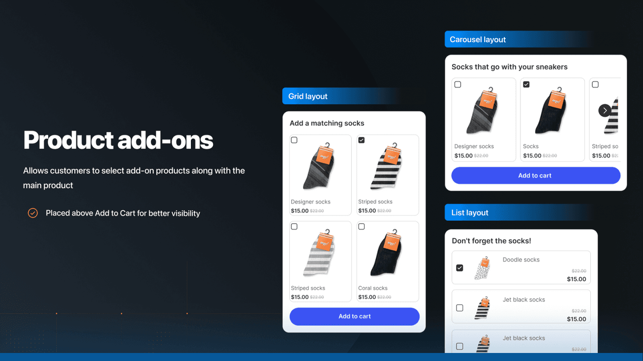 Selleasy product add-on upsells shown in grid, list and carousel layouts, letting customers add matching products before checkout.