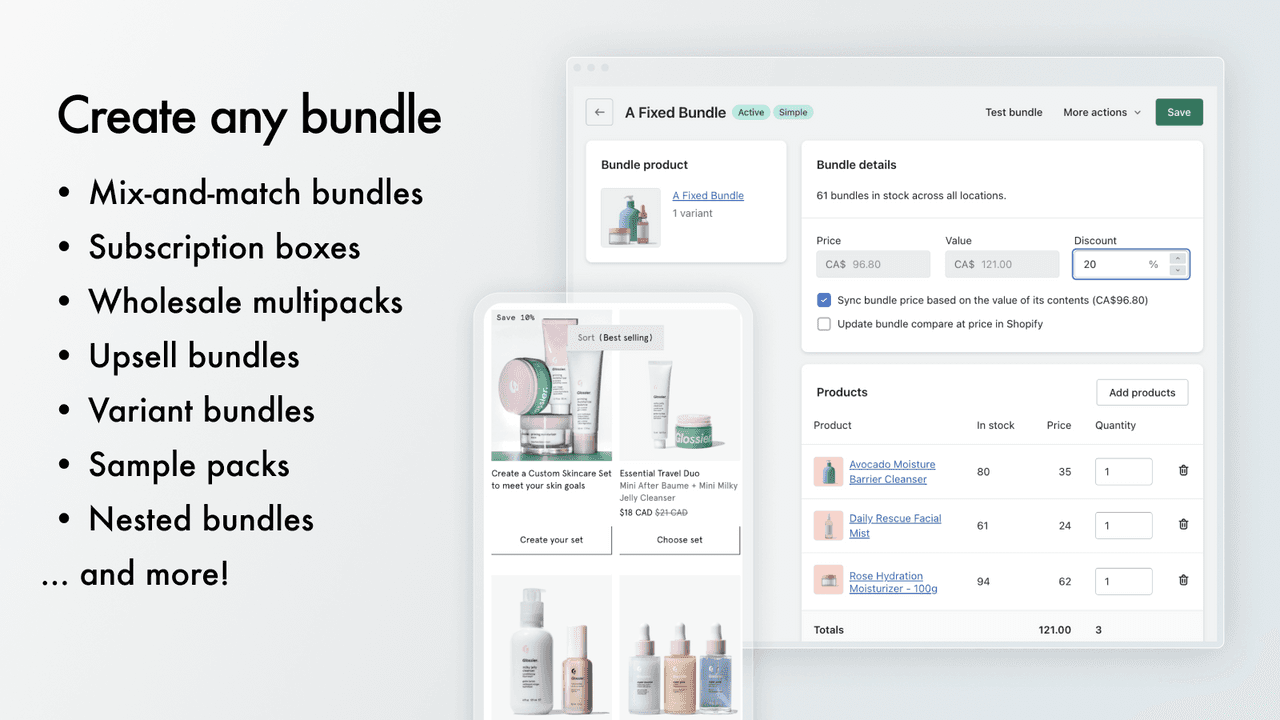 Simple Bundles admin creating a bundle, with multipacks, mix-and-match, subscription boxes and wholesale multipacks as bundle types.