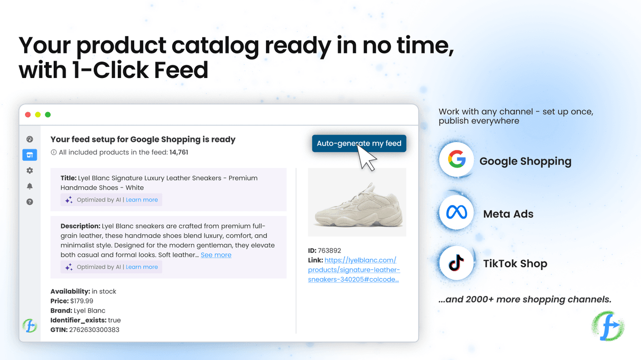 DataFeedWatch transforming one source feed into outputs across many advertising channels.