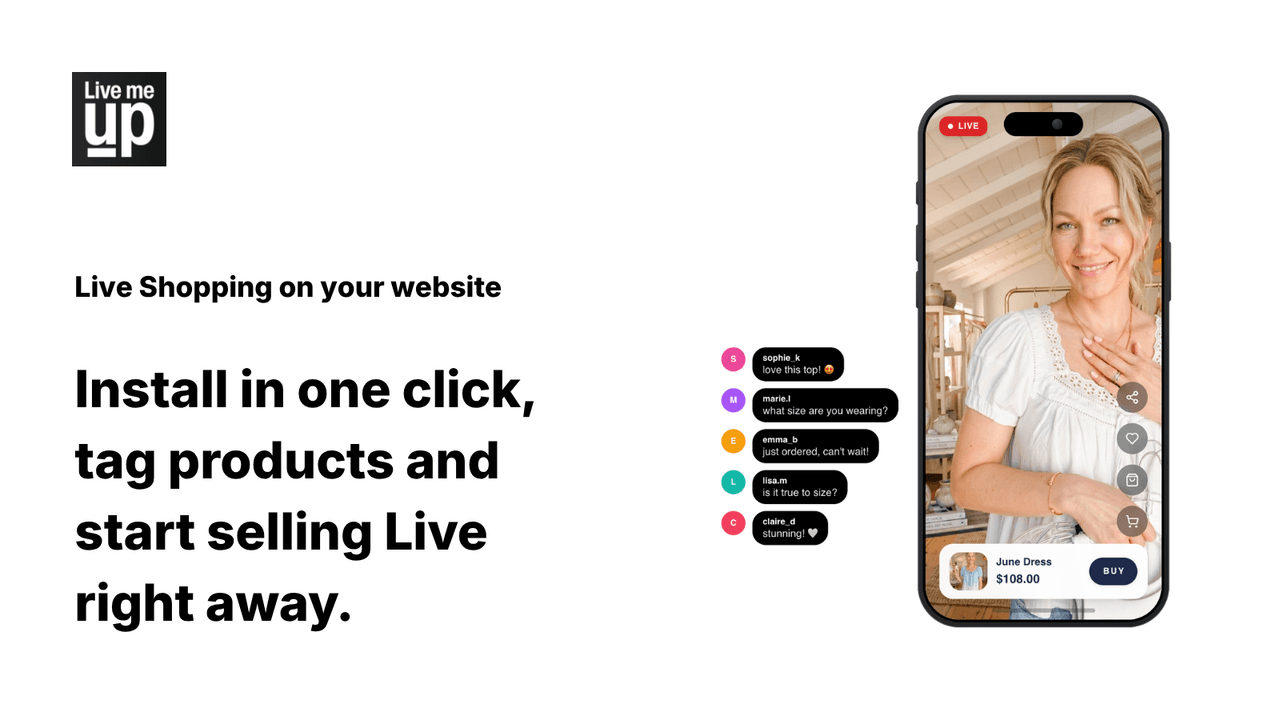LiveMeUp showing a live shopping event with product drops and chat.