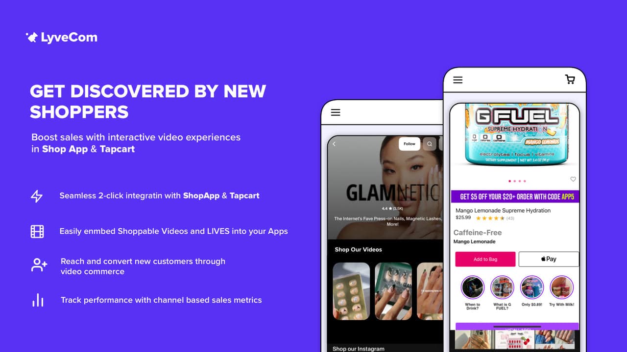 LyveCom showing shoppable video and live commerce features.