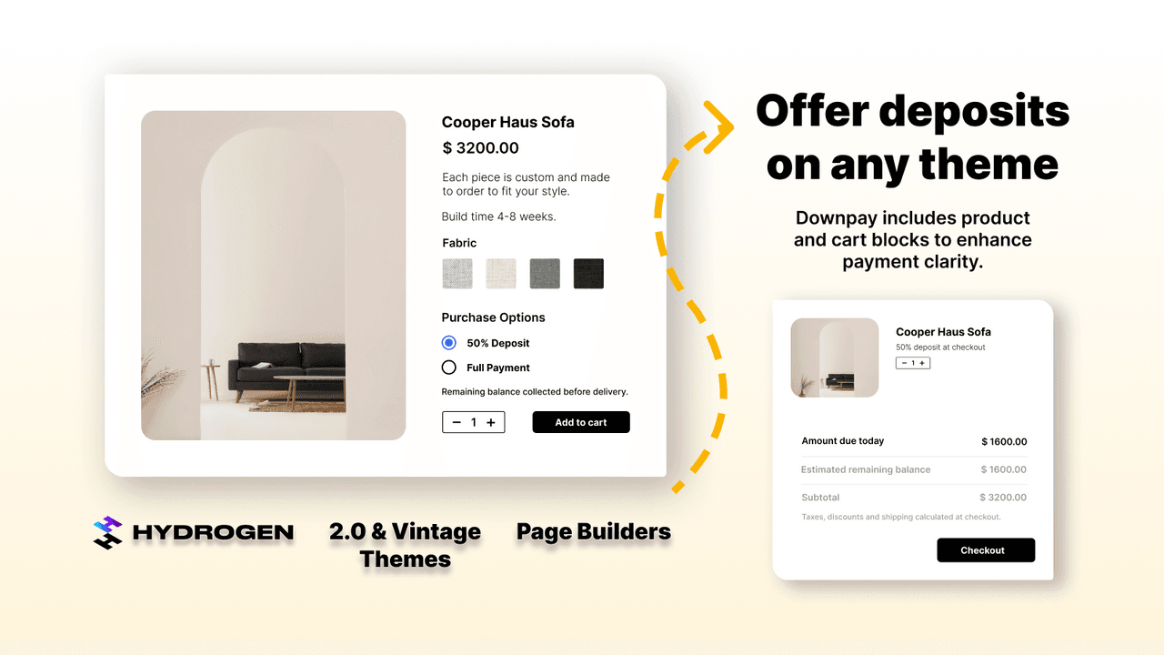 Downpay showing a deposit now and balance later split on a pre-order.