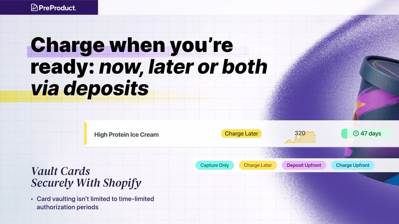 PreProduct showing delayed payment capture and a pre-order campaign.