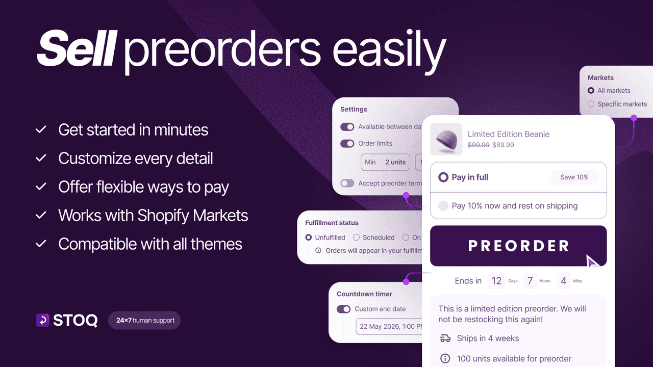 STOQ showing pre-order and back-in-stock alert setup.