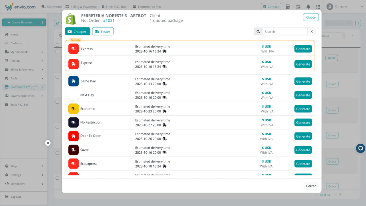 Envia Shipping and Fulfillment showing multi-carrier rates across the Americas.