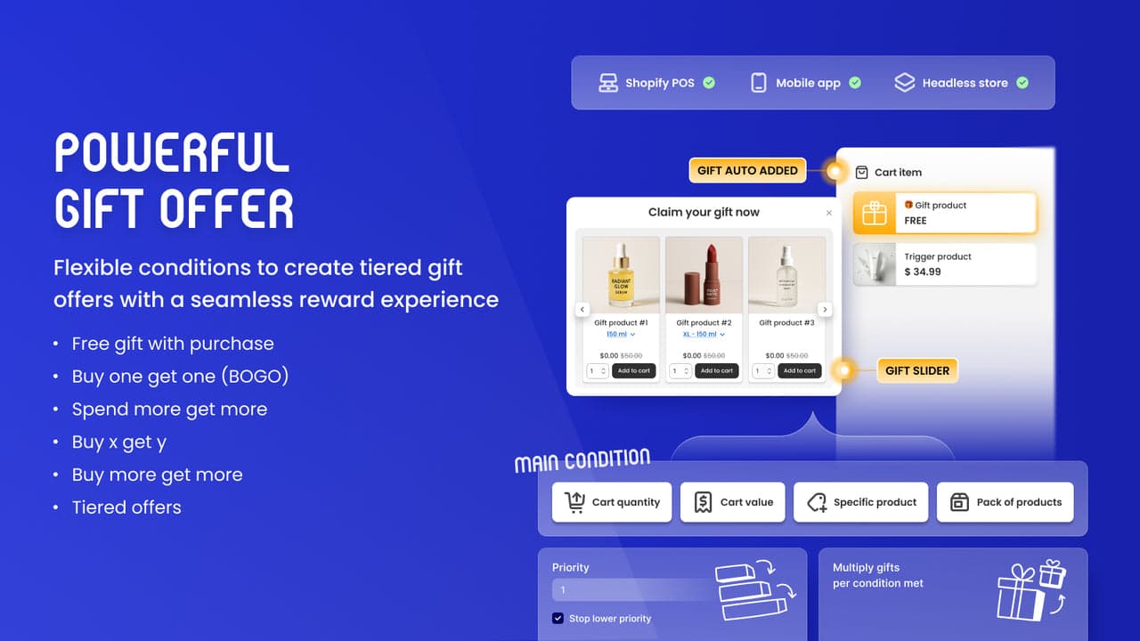 BOGOS Free Gift showing a buy-one-get-one and free-gift bundle offer.