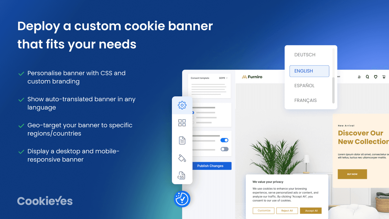 CookieYes showing an automatic cookie scan and multi-language consent banner.