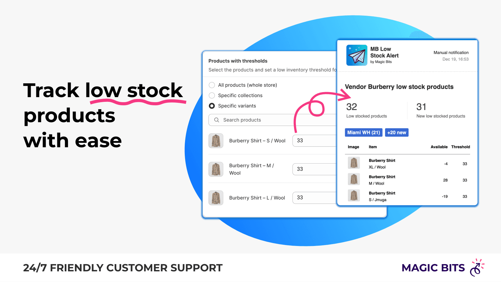 MB Low Stock Alert shown on its Shopify App Store listing.