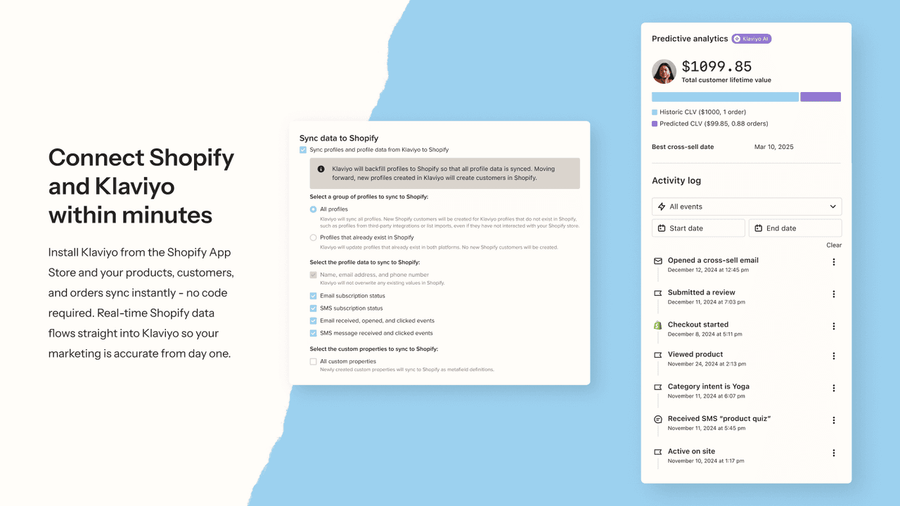Klaviyo email marketing flows and customer segmentation dashboard.