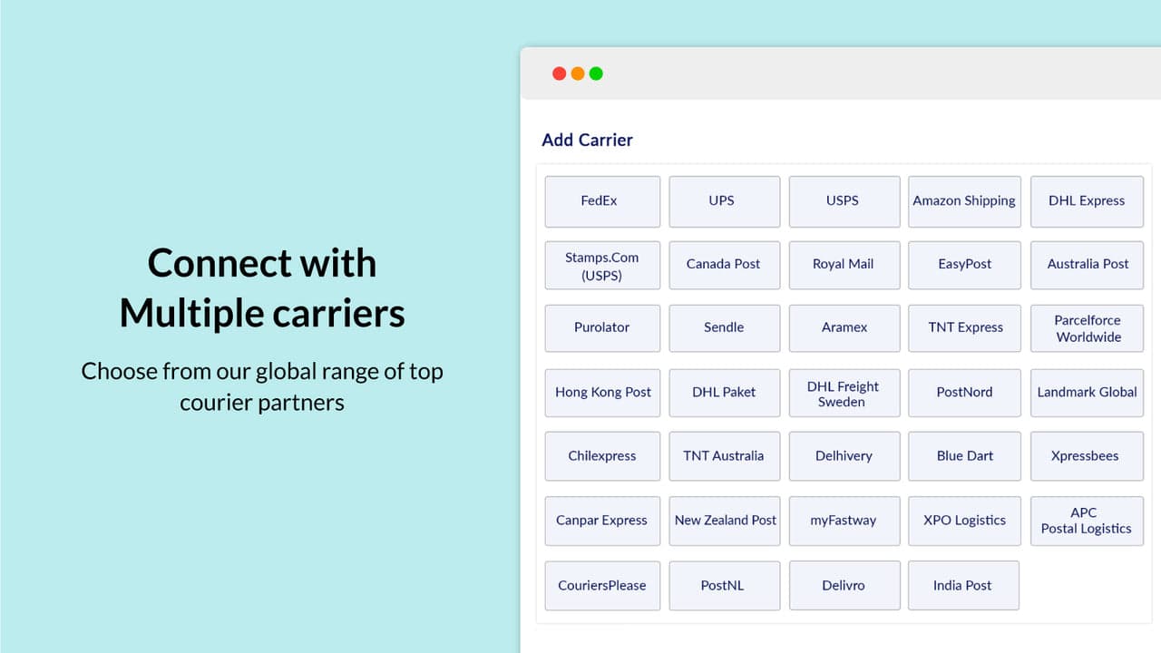 PH MultiCarrier Shipping Label app showing live carrier rates and one-click label printing.