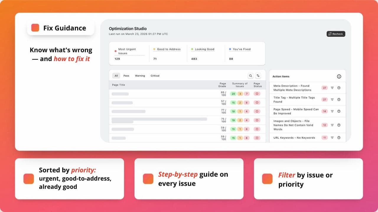 Plug in SEO audit highlighting technical fixes for a Shopify store.