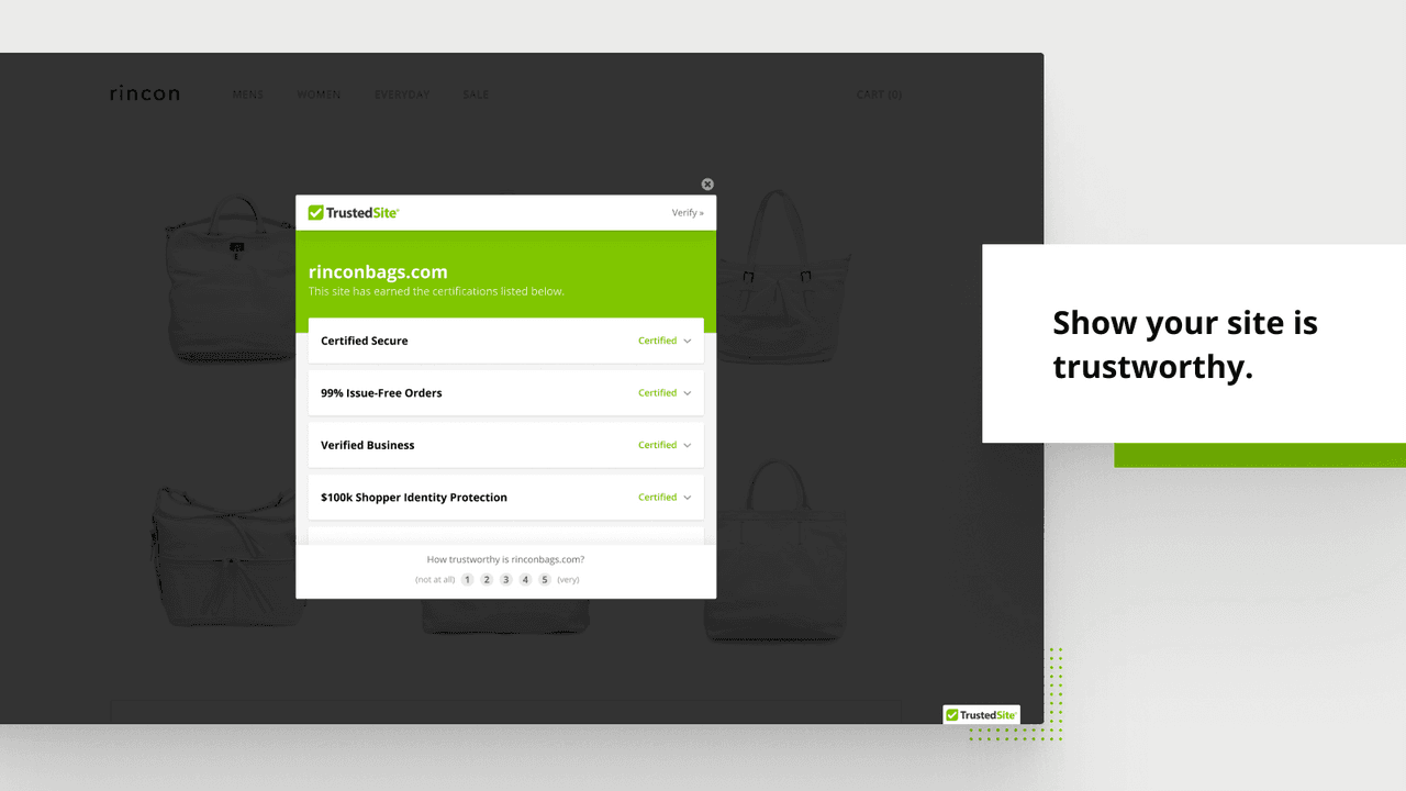 TrustedSite trust badges displayed on a Shopify storefront.