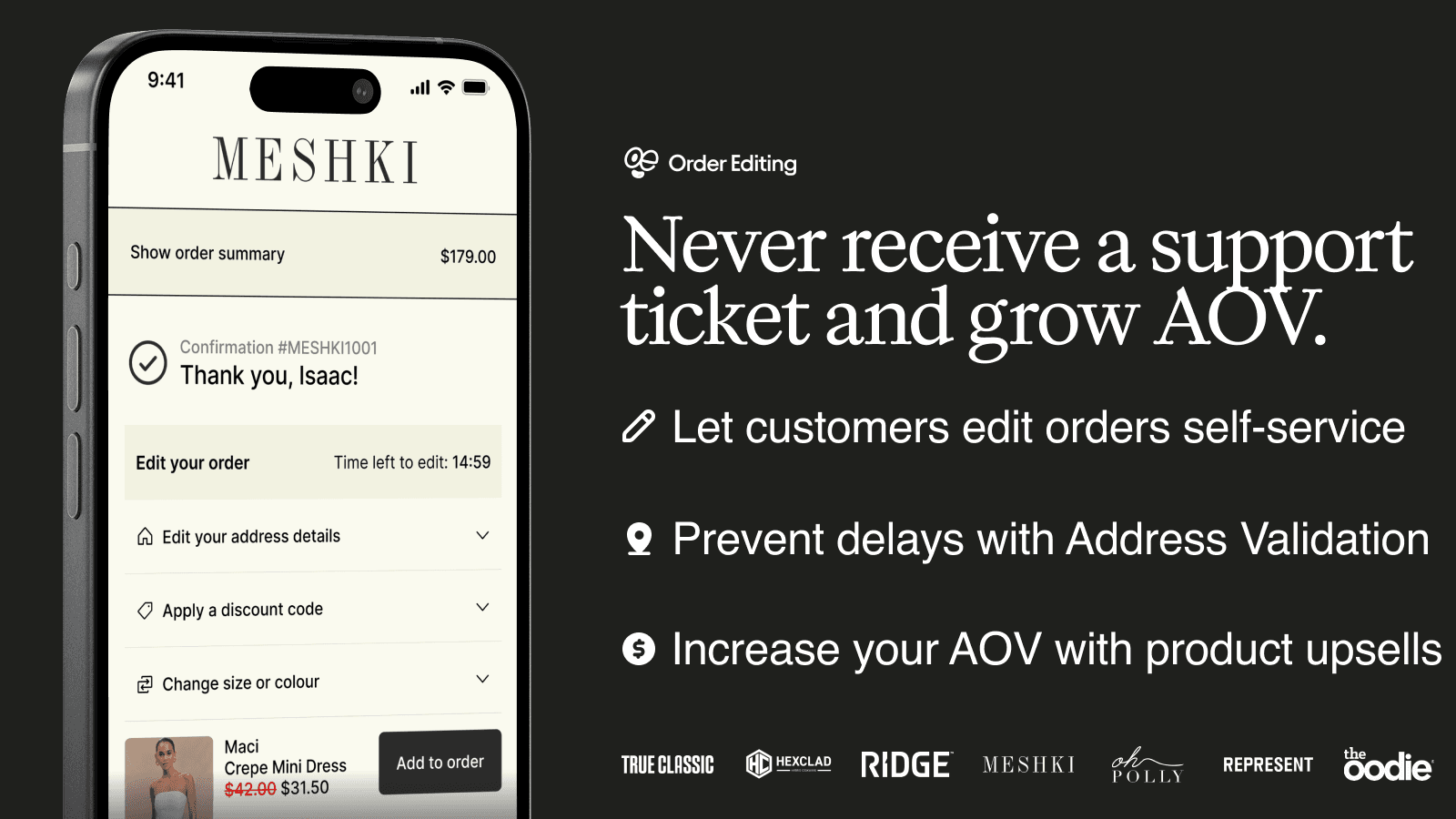Order Editing & Fee Master shown on its Shopify App Store listing.