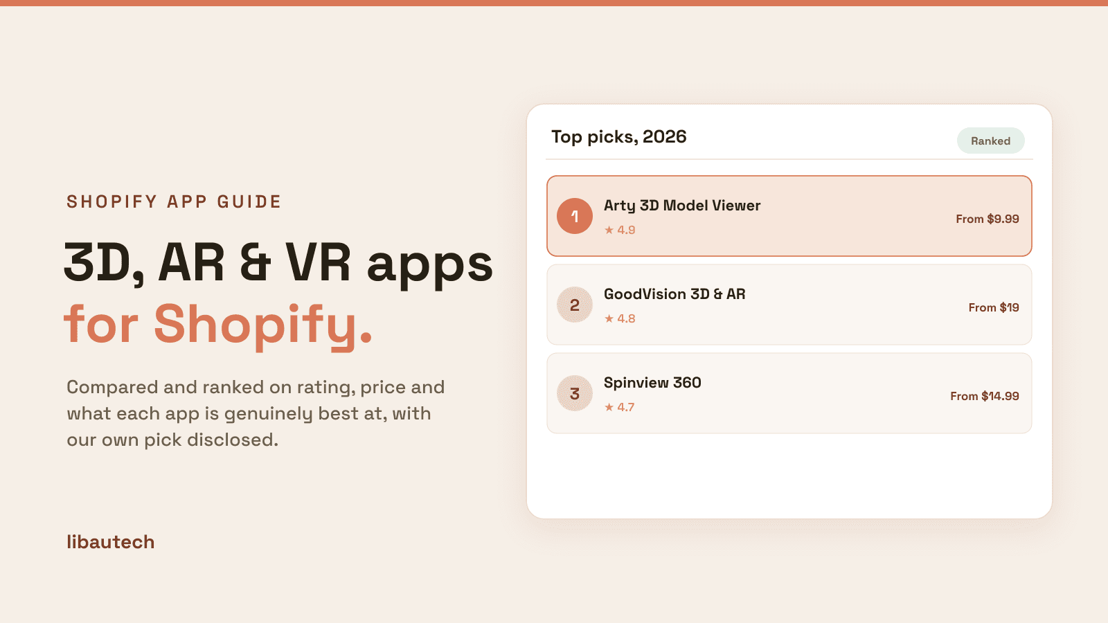 Ranked top Shopify 3D, AR and VR apps for 2026 with ratings and prices.