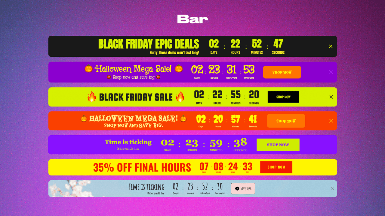 GSC Countdown Timer Bar showing a ticking sale deadline in a sticky bar.