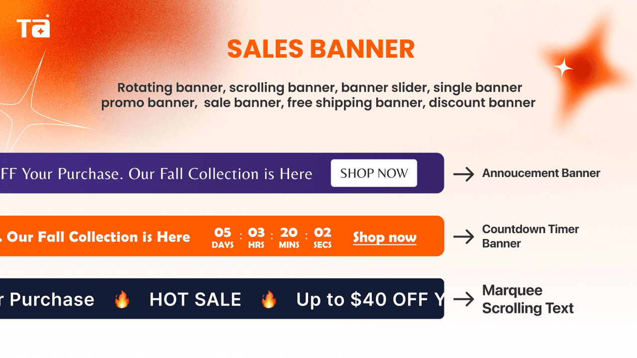TA Banner Slider with rotating banners and a sales pop-up.