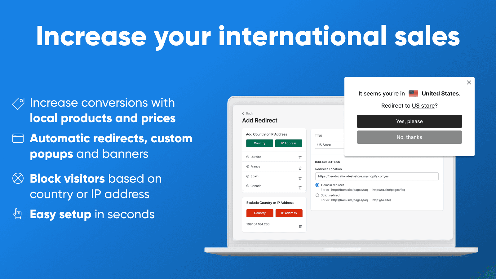 Geolocation Redirects Geo shown on its Shopify App Store listing.