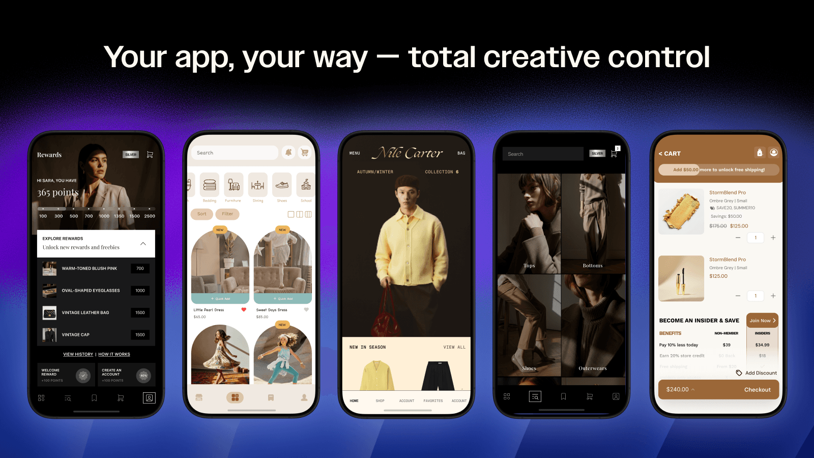 Tapcart, a premium native app platform with drag-and-drop customization blocks.