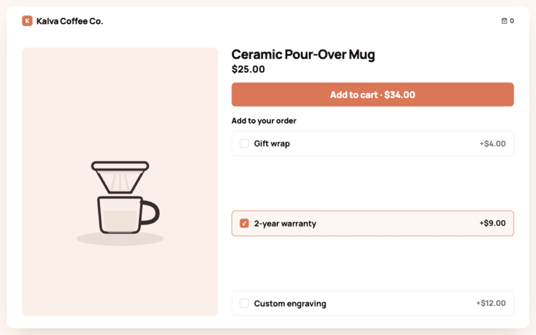 A Shopify product page offering order add-ons: gift wrap, a two-year warranty and custom engraving.