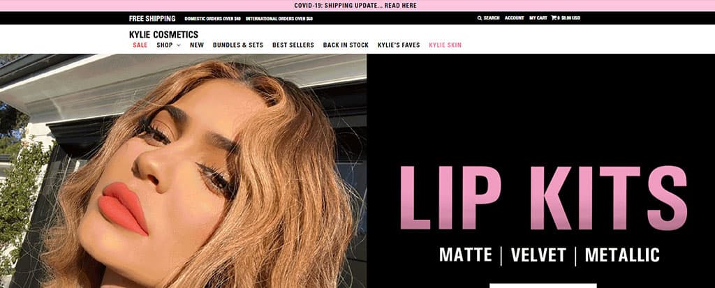 Kylie Jenner Cosmetics website screenshot