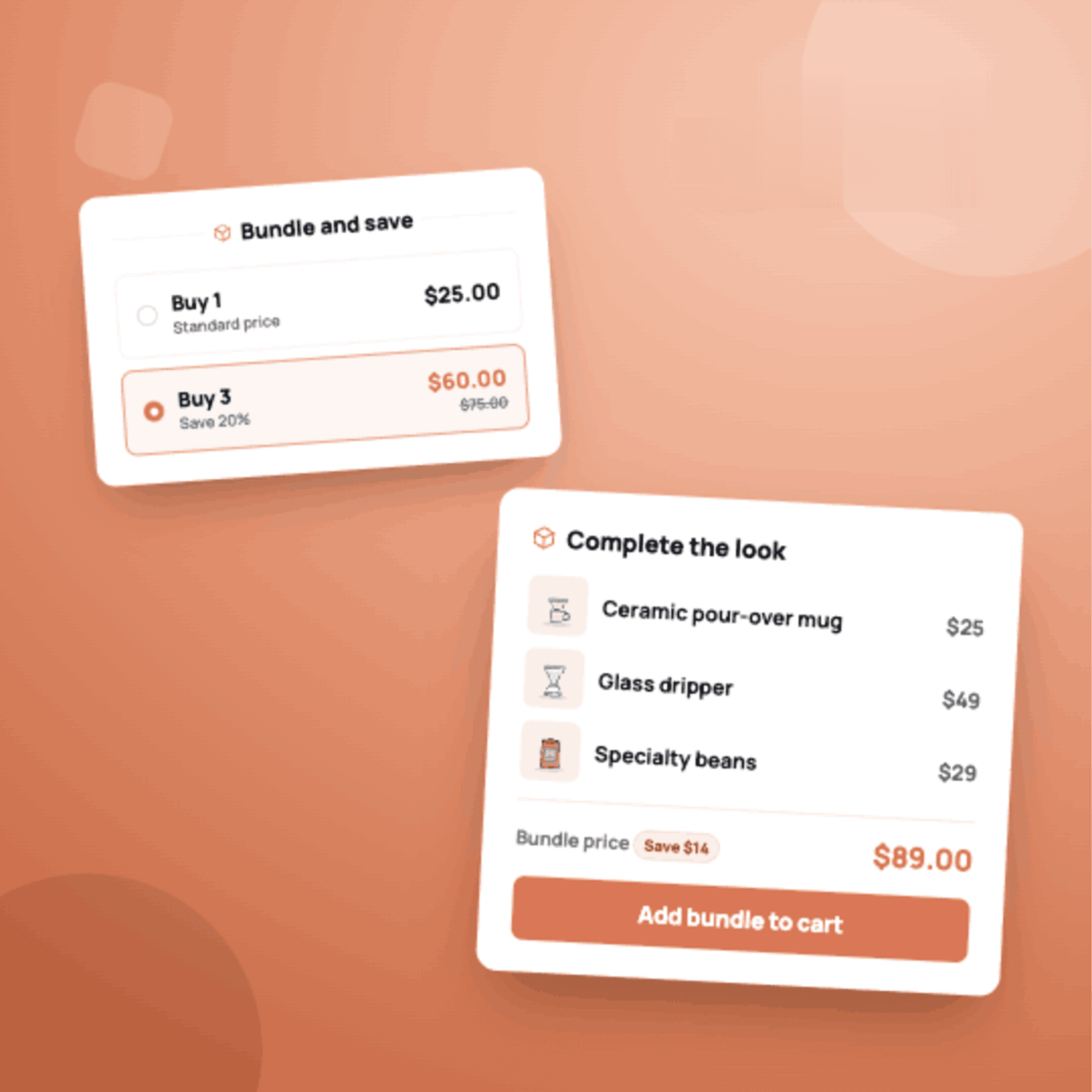 Bundle and volume discount offers shown on a product page: a Buy 1 / Buy 3 tier selector, and a Complete the look bundle adding three items to the cart in one click.