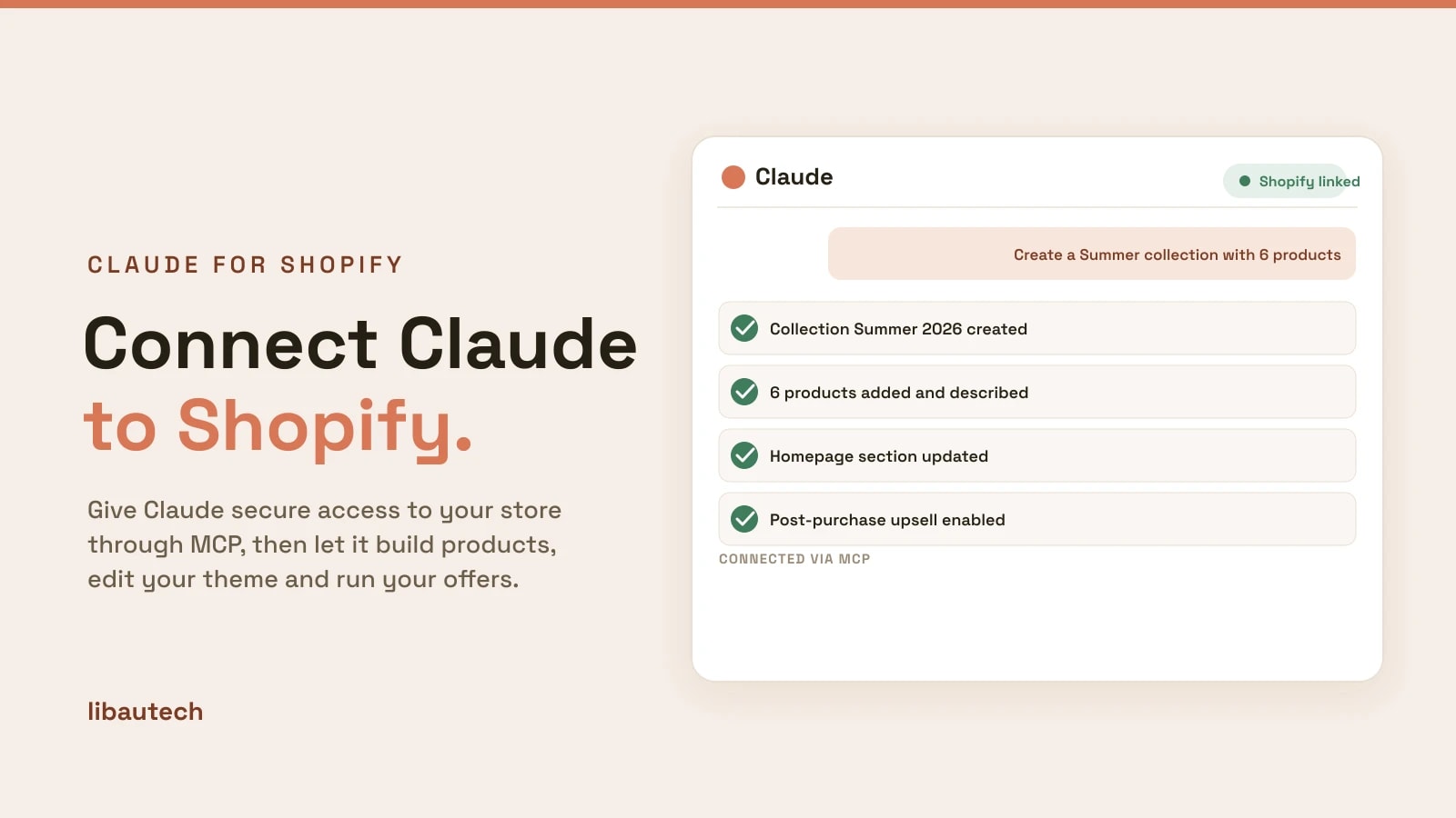 A Claude panel linked to Shopify via MCP, creating a collection, products and offers in the store.