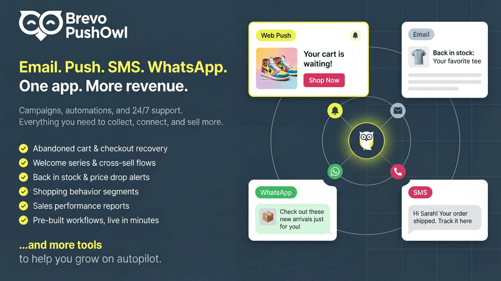 PushOwl by Brevo shown on its Shopify App Store listing.
