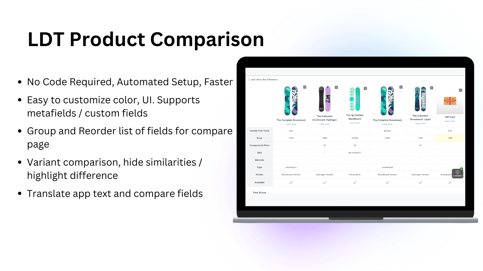LDT Product Compare shown on its Shopify App Store listing.