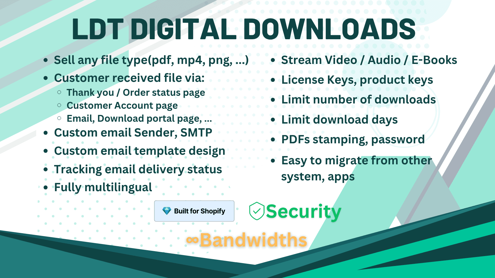 LDT Digital Downloads & Ebooks shown on its Shopify App Store listing.