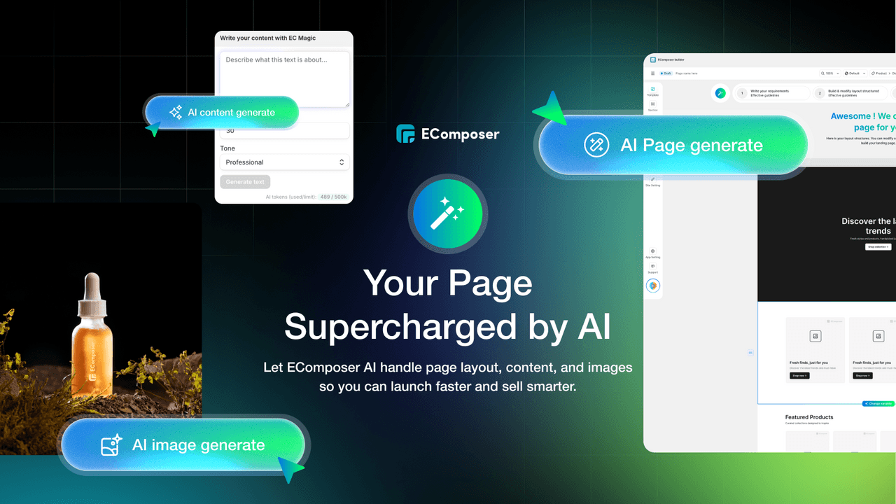 EComposer showing an all-in-one design builder with pages and sections.