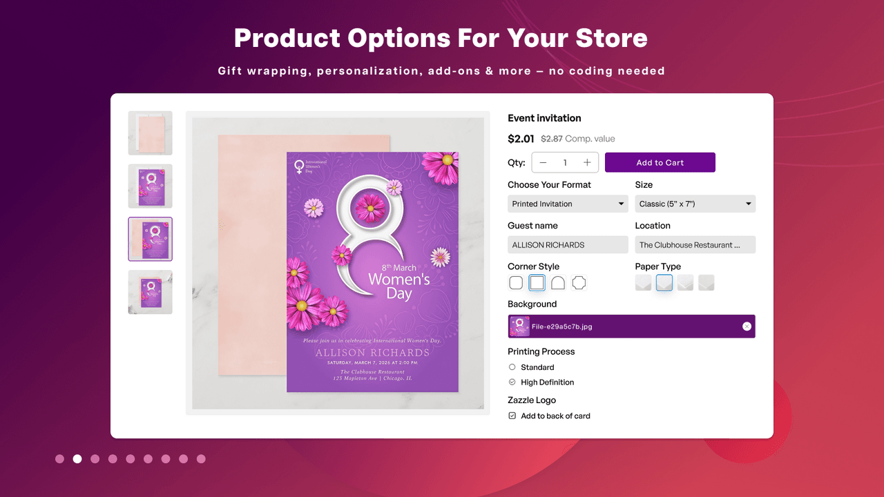 Globo Product Options showing custom fields and swatches for product personalization.