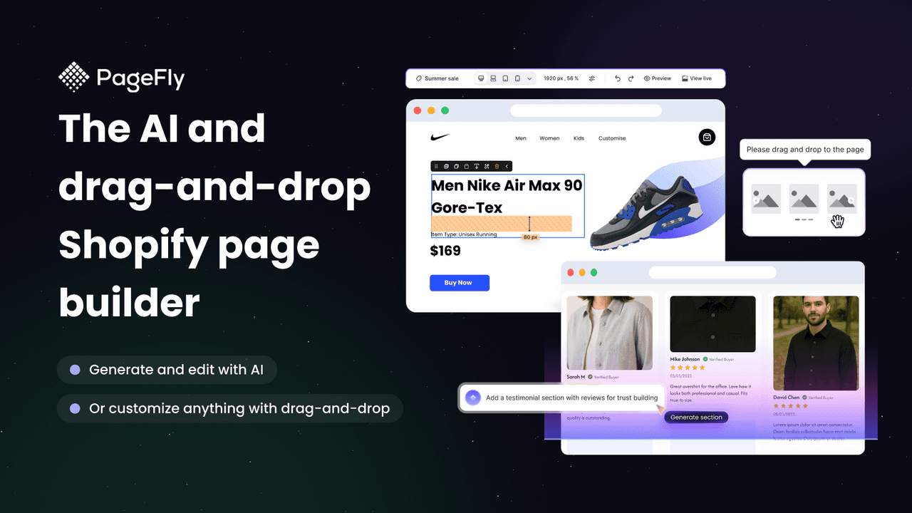 PageFly drag-and-drop editor customizing a Shopify page design.