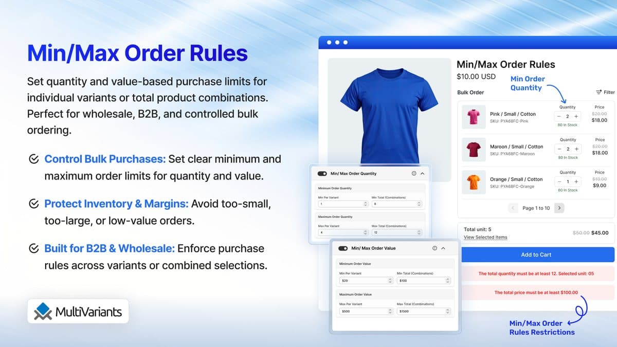 MultiVariants showing a bulk-order variant table and product options on a Shopify product page.
