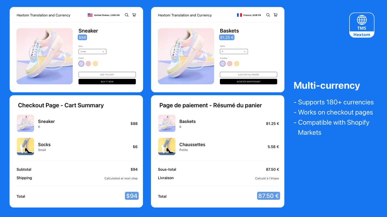 Hextom AI Translate and Currency showing local language and currency together.