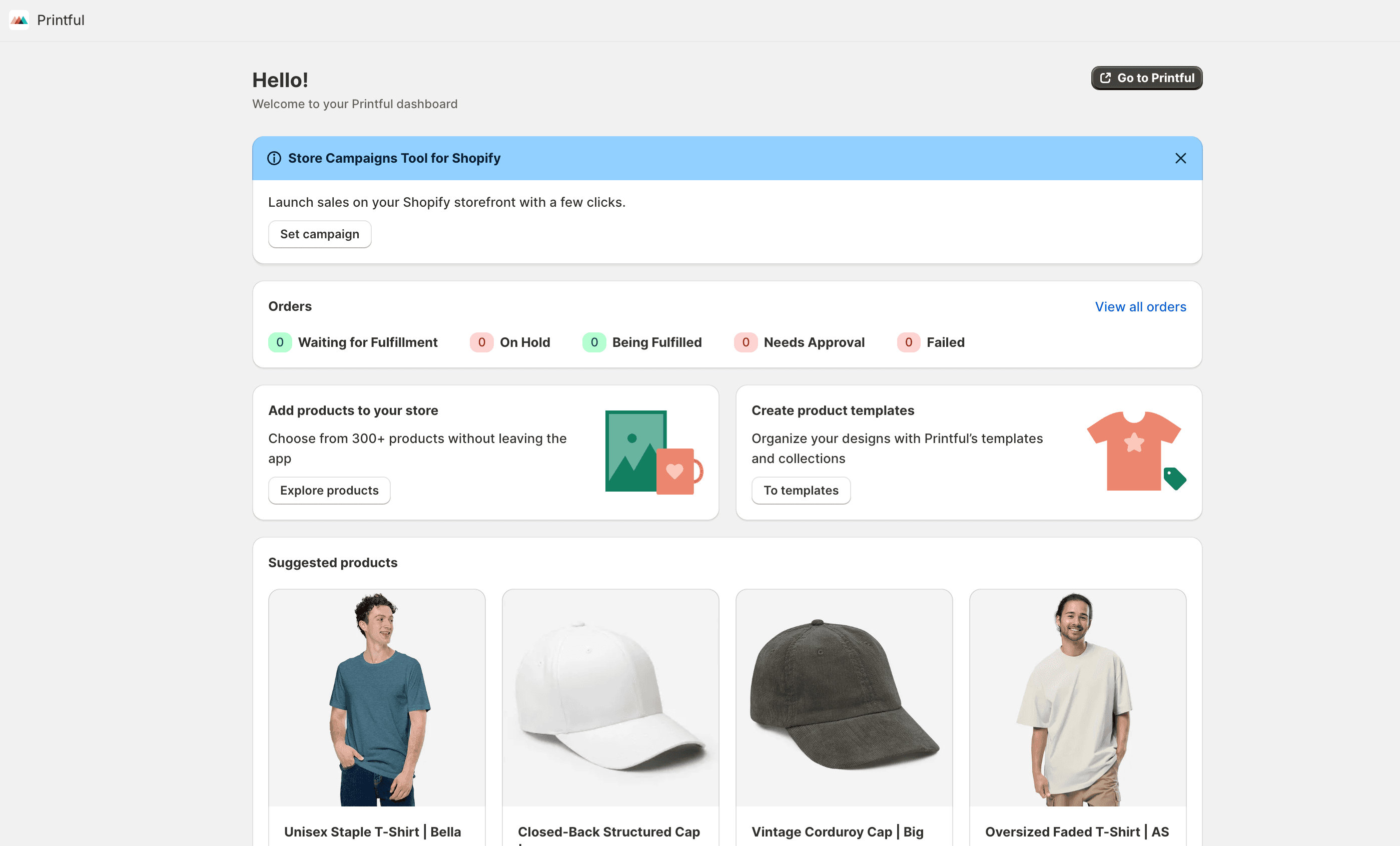 Printful app shopify dashboard